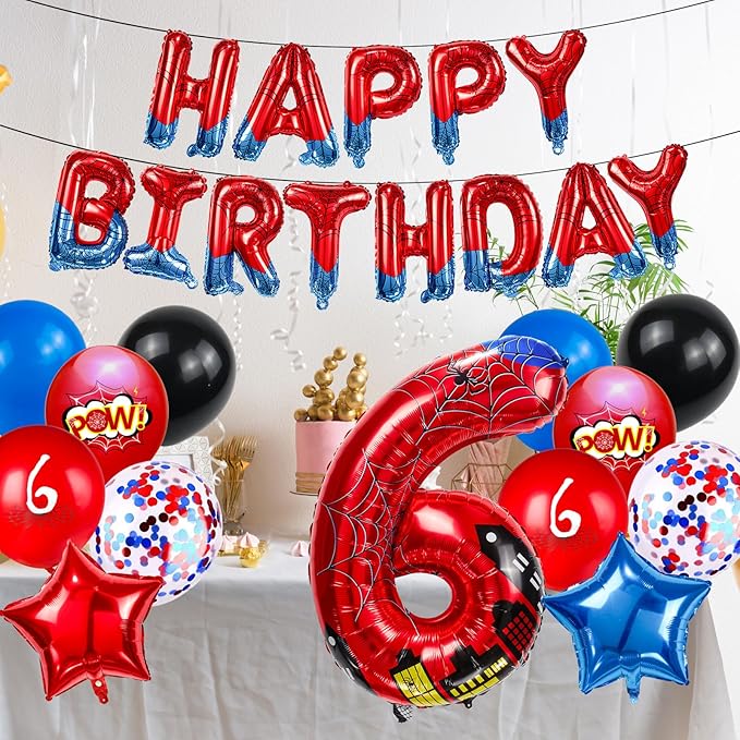 Cartoon Hero 40 Inch Red and Blue Spider Theme Number Foil Birthday Decoration Balloon, Spider Theme Happy Birthday Banner Party Decoration Balloon, Letter Logo Superhero Party Supplies (6)