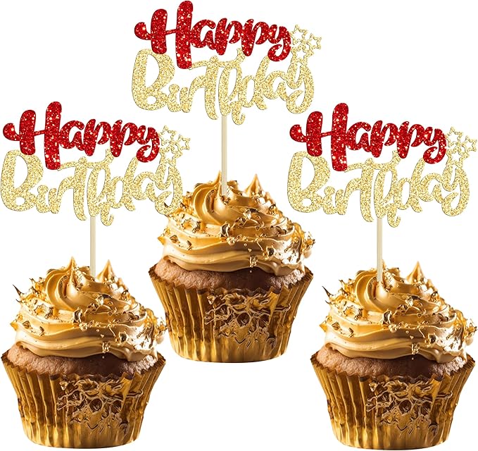 Ephlyn 24Pcs Happy Birthday Cupcake Toppers Double Layer Glitter Happy Birthday Cake Decorations for Christmas Theme Baby Shower Anniversary Party Decorations Supplies Red Gold