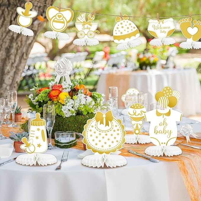 Tarklanda 12 Pcs Baby Shower Decorations Centerpieces Gender Reveal Gold Honeycomb Table Centerpiece for Birthday Party Baby Showers Table Topper Supplies