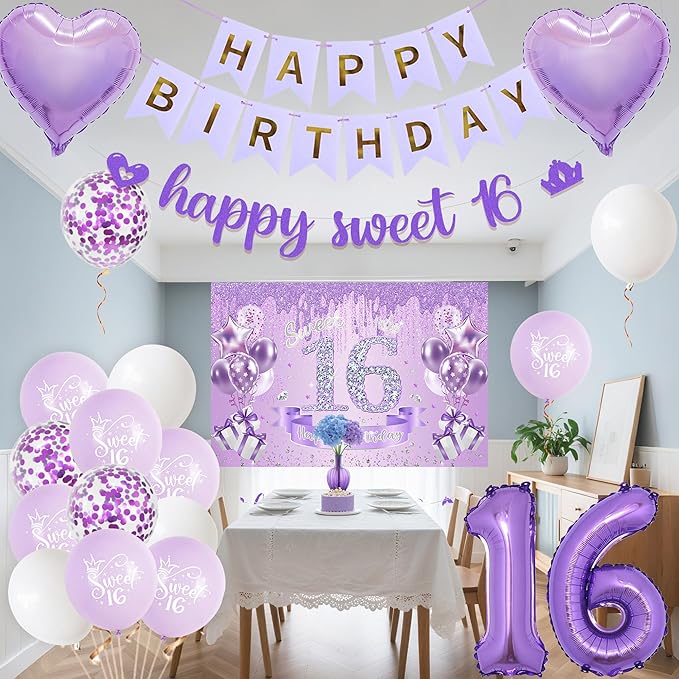 Sweet 16 Birthday Party Decorations for Girls - Purple 16th Happy Birthday Banner Heart Balloons Number 16, Photo Backdrop Crown Sash Party Supplies for Sixteen Years Old