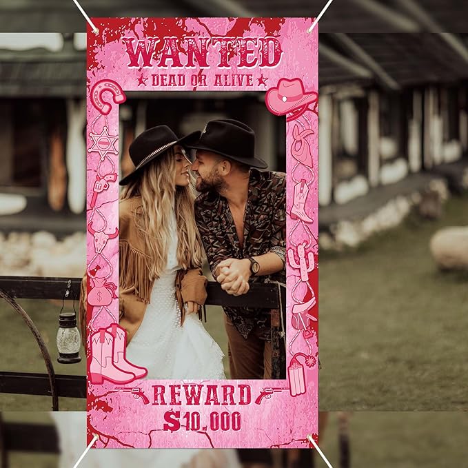 Cowgirl Party Decorations Pink Western Photo Booth Wanted Poster Photo Prop Photos Frame Banner for Wild West Birthday Decoration Supplies (Pink)