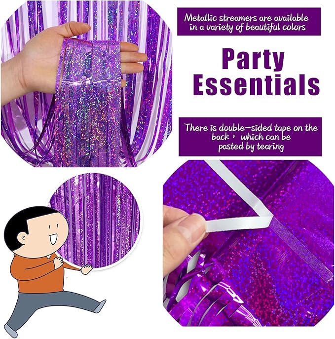 3 Pack Purple Backdrop Tinsel Streamers Foil Fringe Backdrop Halloween Party Decorations Purple Backdrop Curtain Birthday Graduation Bachelorette Christmas New Year Party Decorations