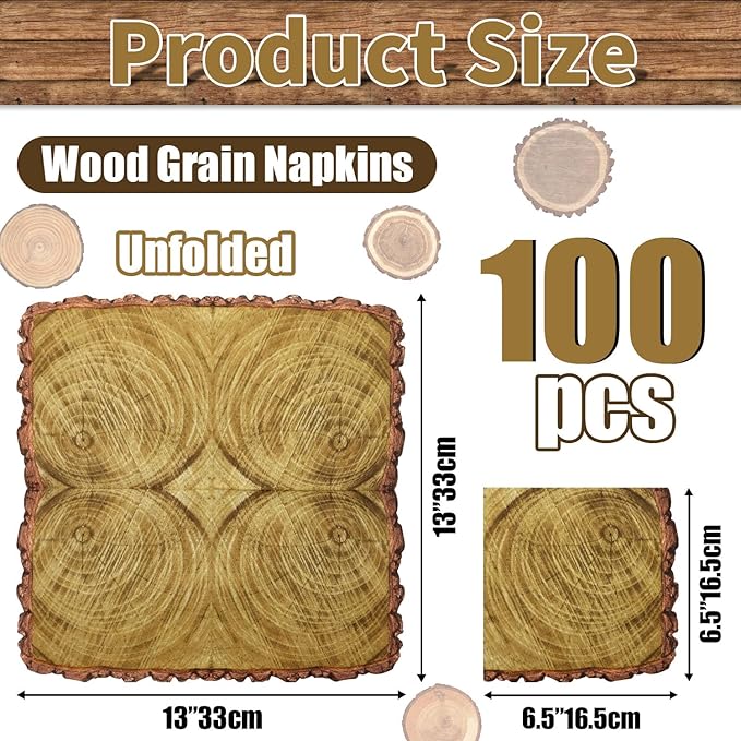 100Pcs Wood Grain Napkins, Disposable Wood Paper Napkins, Brown Birthday Decorations Napkins for for Lumberjack Rustic Party Decorations Woodland Decorations Camping Supplies, 13 x 13 Inches