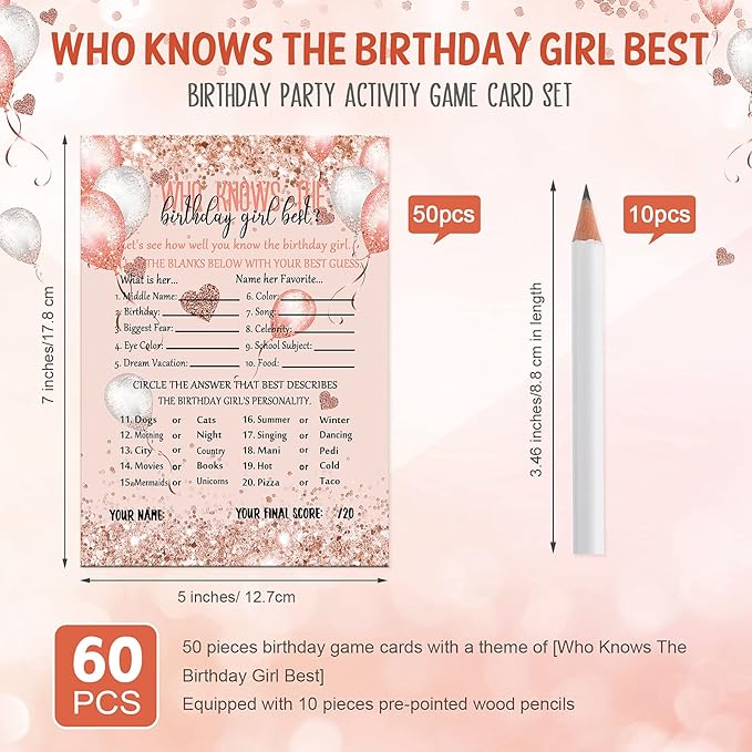 Leinuosen Who Knows The Birthday Girl Best Card 50 Pcs Birthday Party Game Set Girly Pink Rose Gold Sprinkles Themed Cards with 10 Pre Pointed Pencils for Teen Sweet Sleepover Party