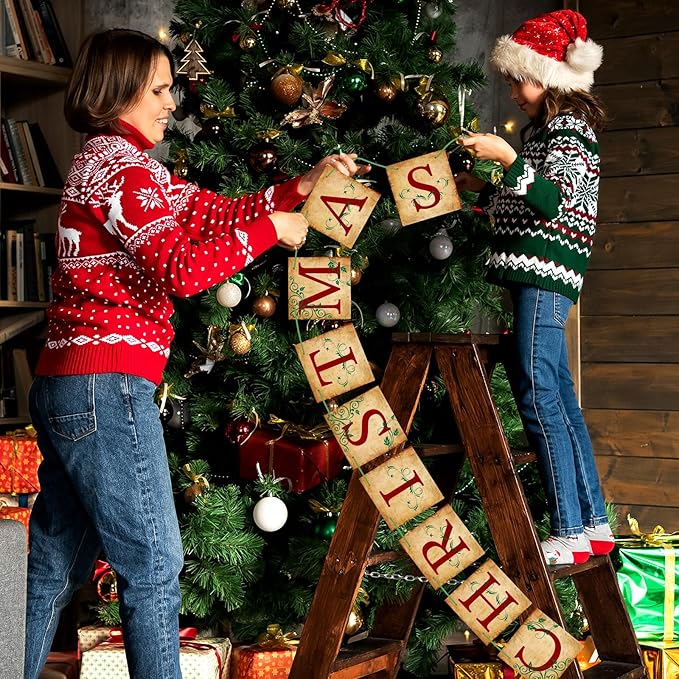 Merry Christmas Banner Vintage Christmas Garlands Decorations for Indoor Home Office Wall Window Door Fireplace Mantle Xmas Tree Decorations