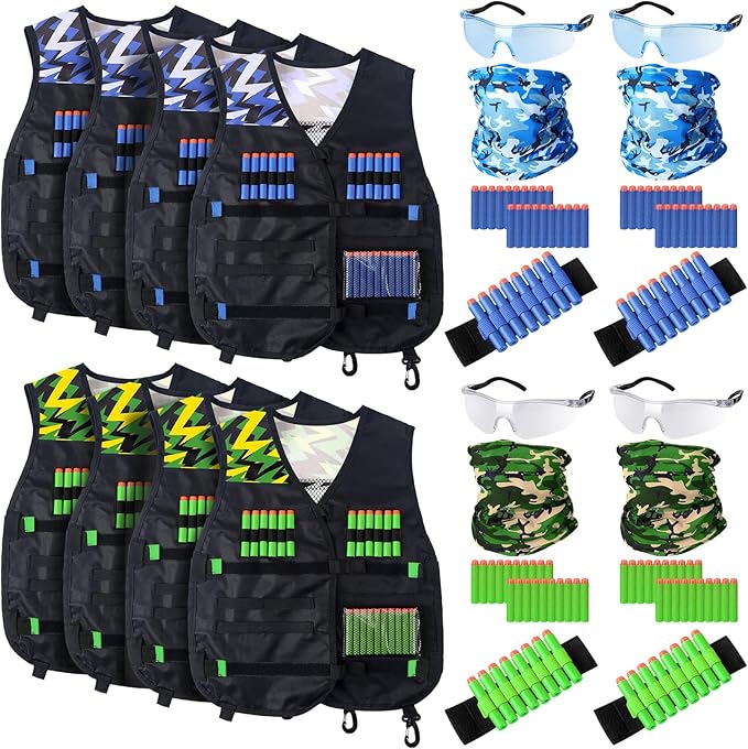Sosation 8 Sets Kids Tactical Vest Compatible with Nerf Party Favor Accessories, Face Mask Wrist Ammo Holder Toy Gift Supplies Boys (Green and Blue)