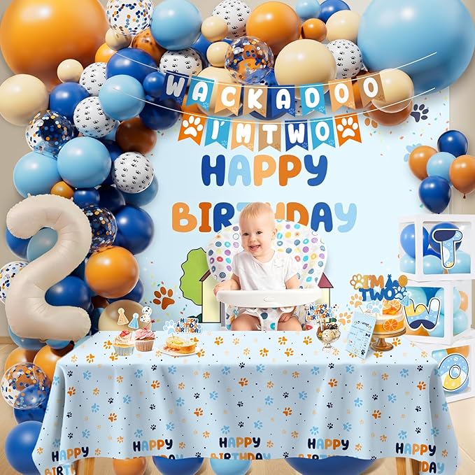 Blue Dog 2nd Birthday Party Supplies Blue & Orange Themed Second Birthday Decorations Backdrop Balloons Arch Box High Chair Banner Bday Party Idea for Baby Boys|Girls