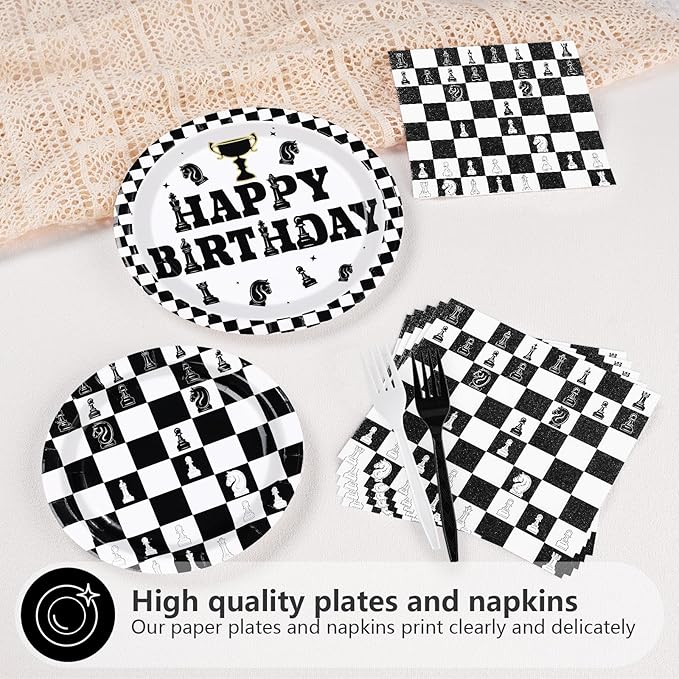 96Pcs Chess Happy Birthday Party Supplies Black and White Checkered Plates and Napkins Disposable Chessboard Game Tableware Set for Chess Player Birthday Party Decorations, Serves 24