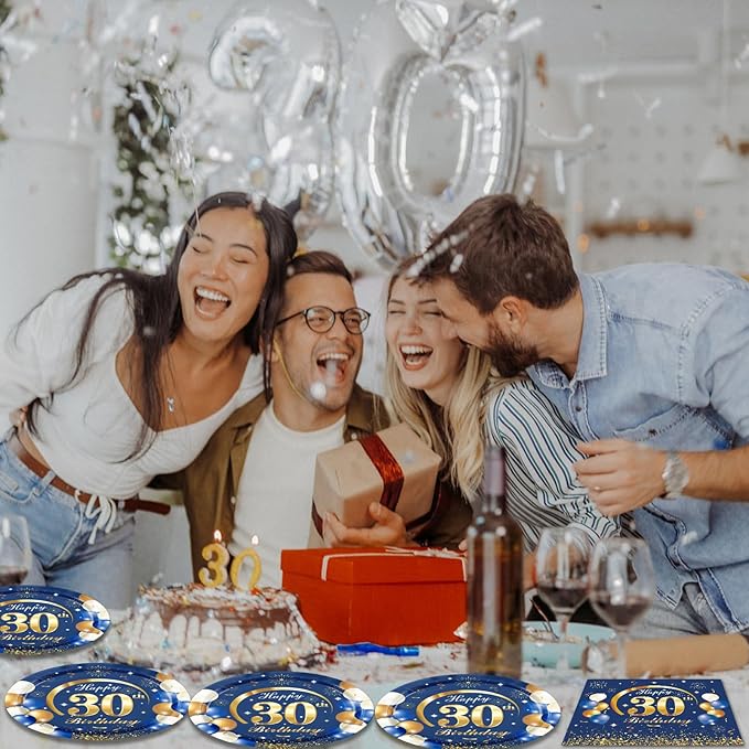 40PCS Happy 30th Birthday Decorations Navy Blue and Gold Thirty disposable tableware Include Plates Napkins for Man 30th Birthday Anniversary Party Supplies
