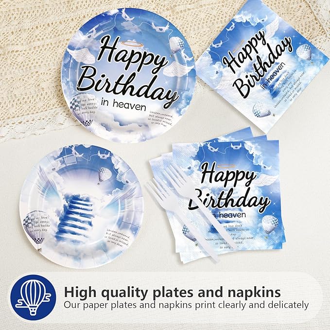96 Pcs Happy Birthday in Heaven Party Supplies Funeral Remembrance Plates and Napkins Disposable Funeral Memorial Tableware Set for Condolence Birthday Anniversary Party Decorations Serves 24