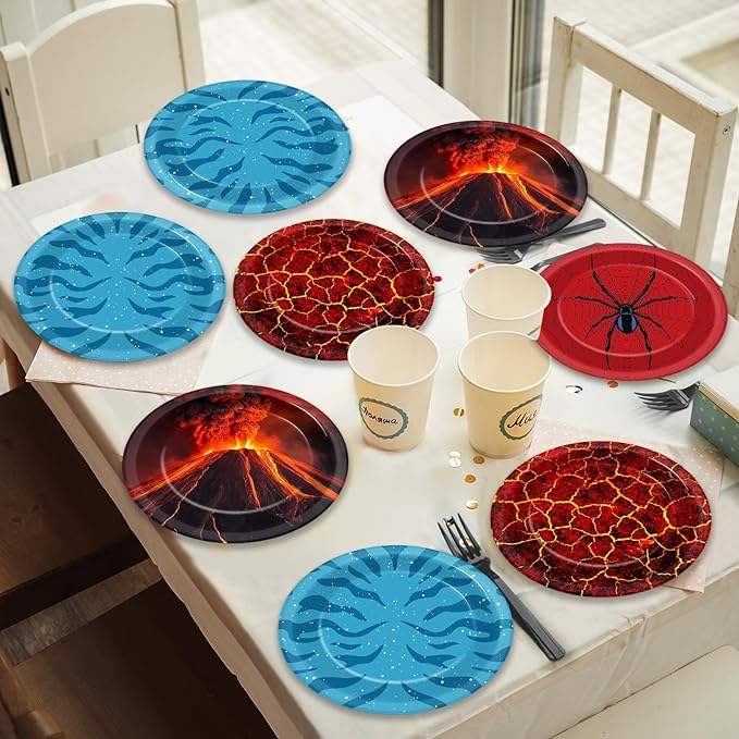48PCS Fire Party Decorations 7" Volcano Paper Plates Volcano Hot Lava Birthday Supplies Cartoon Dessert Tableware Set Ocean Patterns Printed Disposable Plates for Kids Baby Shower Birthday Party Favor