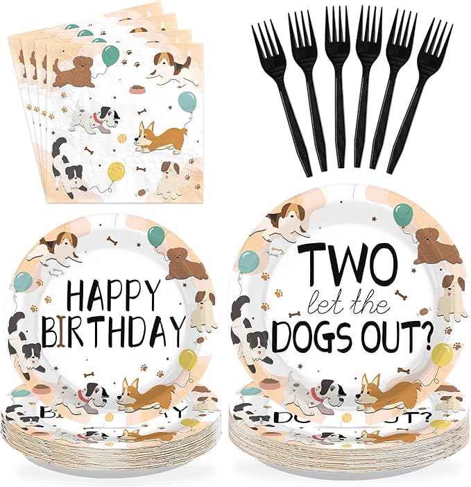 96Pcs Dog Theme 2nd Birthday Party Supplies puppy paw print Plates and Napkins Happy Birthday Tableware Set for Puppy 2 Year Old Kids Pet Lovers Animal Party Supplies Serves 24