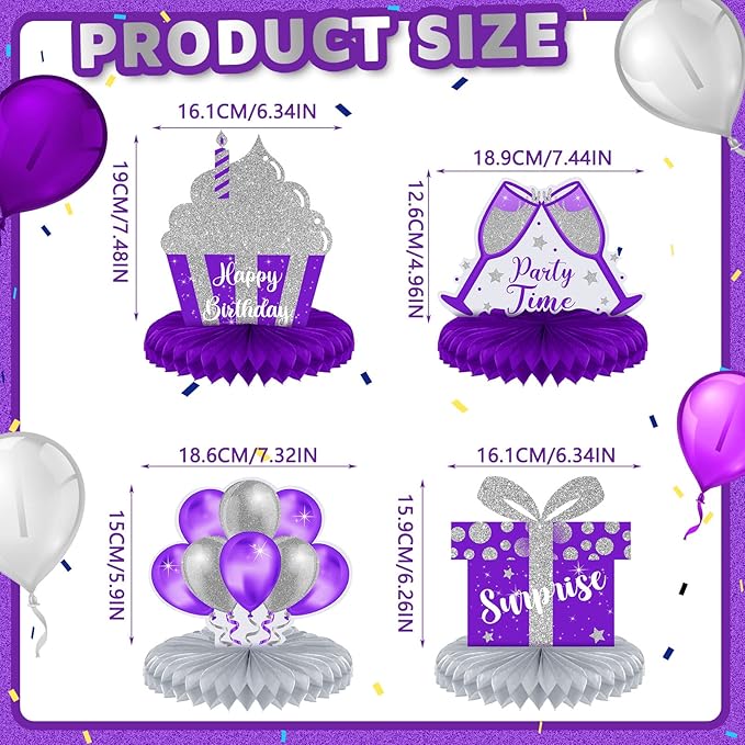 Yexiya 8 Pcs Purple and Silver Birthday Centerpiece Table Decoration, Happy Birthday Honeycomb Centerpieces Honeycomb Table Toppers for Men Women Party Supplies