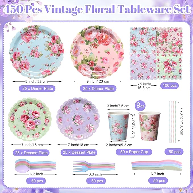 450 Pcs Vintage Floral Tableware Set Tea Party Decorations Floral Paper Plates Disposable Napkins Cups Cutlery Straws for Tea Party Birthday Baby Bridal Shower Wedding Supplies, Serves 50