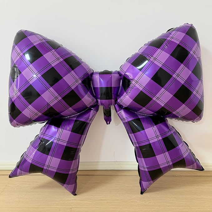 4Pcs Purple Black Gingham Bow Foil Balloons/Purple Plaid Checkered Bow Balloon for Korean Idol Demon Hunters Party, Bad Girl Showgirl Decor, Wednesday Ad*dam*s，Disco Cowgirl, Girls Night Out, Kurumi