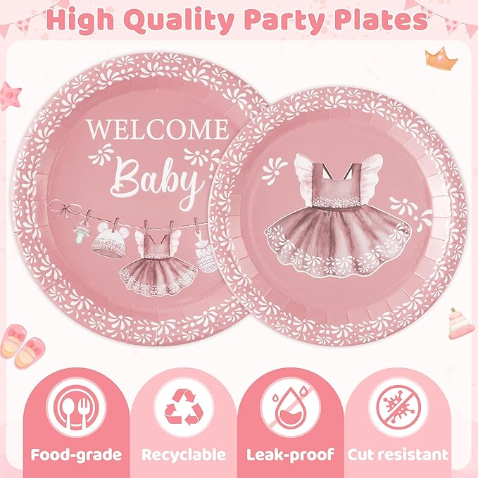 96Pcs Pink Platos De Barro Mexicanos Baby Shower Party Plates Supplies Welcome Baby Cielito Lindo Terracotta Tableware Decorations Disposable Paper Plates Napkins Forks for Birthday, Serves 24