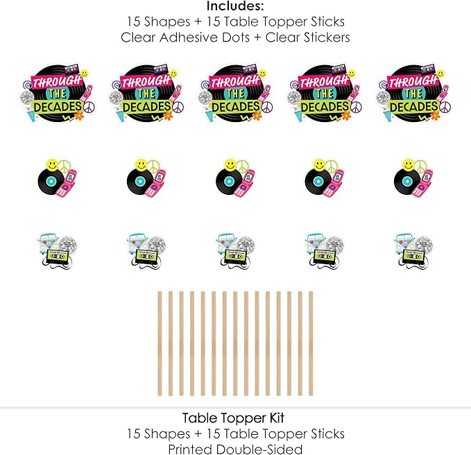 Big Dot of Happiness Through the Decades - 50s, 60s, 70s, 80s, and 90s Party Centerpiece Sticks - Table Toppers - Set of 15
