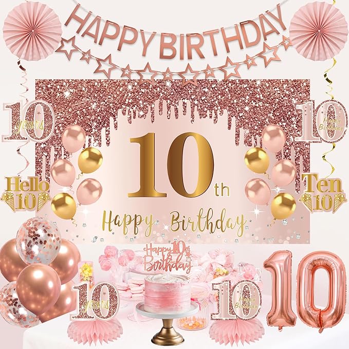 10th Birthday Decorations for Girls, Pink Rose Gold Happy 10 years old Birthday Banner Backdrop Balloons Sash Table Cake Topper Honeycomb Centerpieces Hanging Swirls Paper Fans Party Supplies