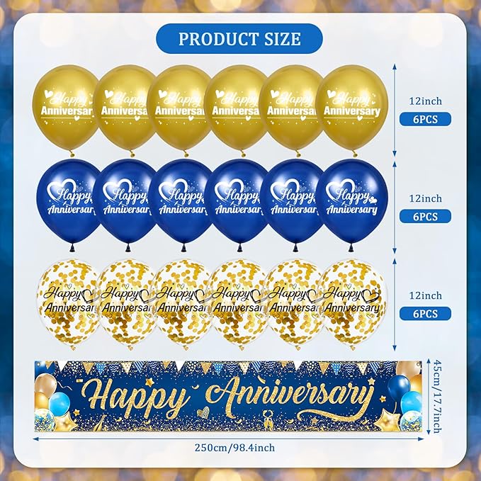 Happy Anniversary Banner Decorations Navy Blue Gold Happy Anniversary Yard Banner Sign with 18pcs Happy Anniversary Balloons Confetti Set for Men Women Wedding Party Supplies Decor