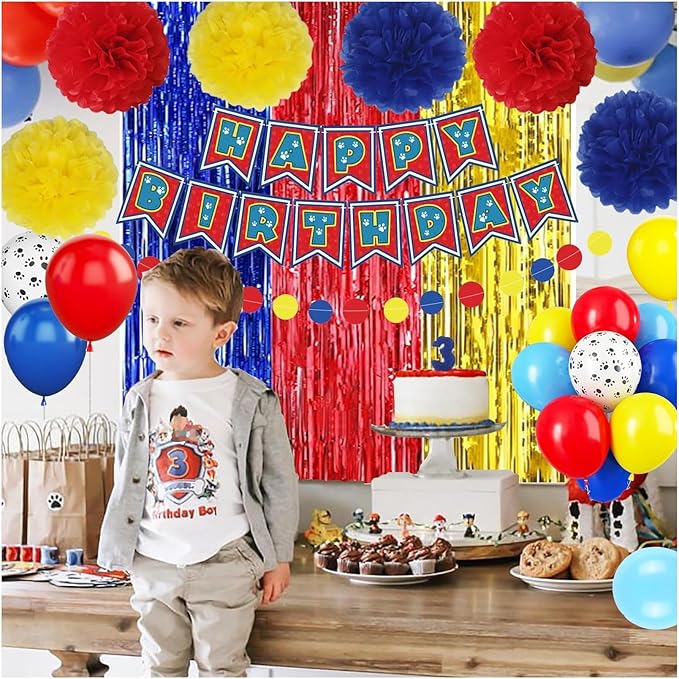 Paw Birthday Decorations, Dog Paw Birthday Party Supplies, Banner, Balloons, Foil Fringe Curtains, Paper Garland Pull Flower, Tissue Paper Pom Poms