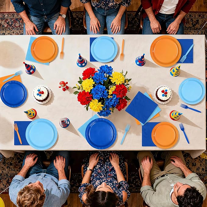 96Pcs Blue Theme Dog Birthday Party Decorations Blue Orange Dog Birthday Plates and Napkins Tableware Set Orange and Light Navy Blue Decoration for Boys Girls Cartoon Bday Party Supplies Serves 24