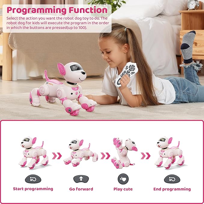 Programmable RC Robot Dog Toy with Voice for Kids, 2.4GHz Remote Robot Pet with Touch Sensors, Remote Control Robot Dog Toy Over 20+ Responses, Robot Birthday Gift Toys for Girls