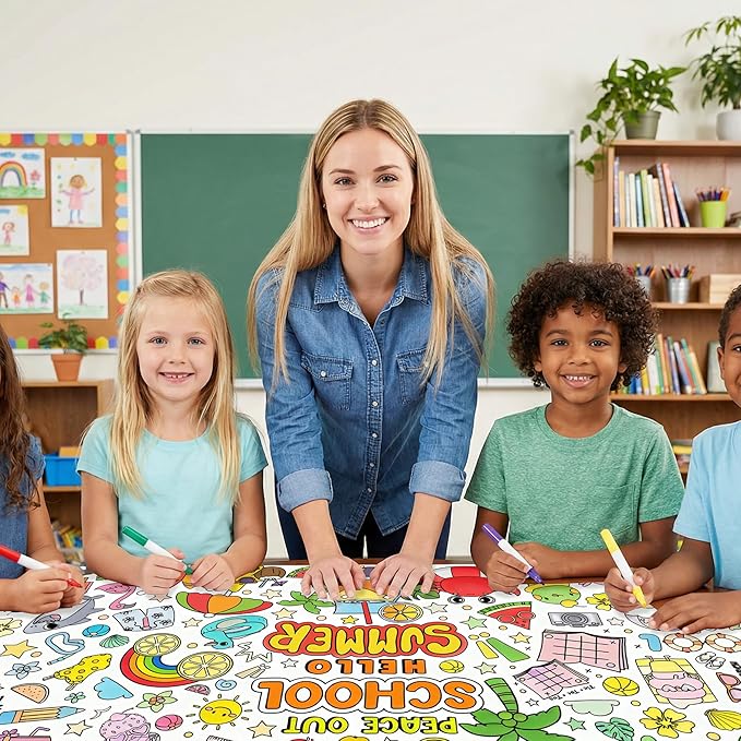 Jumbo End of School Year Coloring Activity Poster - Summer Fun Games DIY Drawing Color-in Paper 55.1 x 23.6 Inch Blank Doodle Art Banner, Home School Educational Event Party Supplies