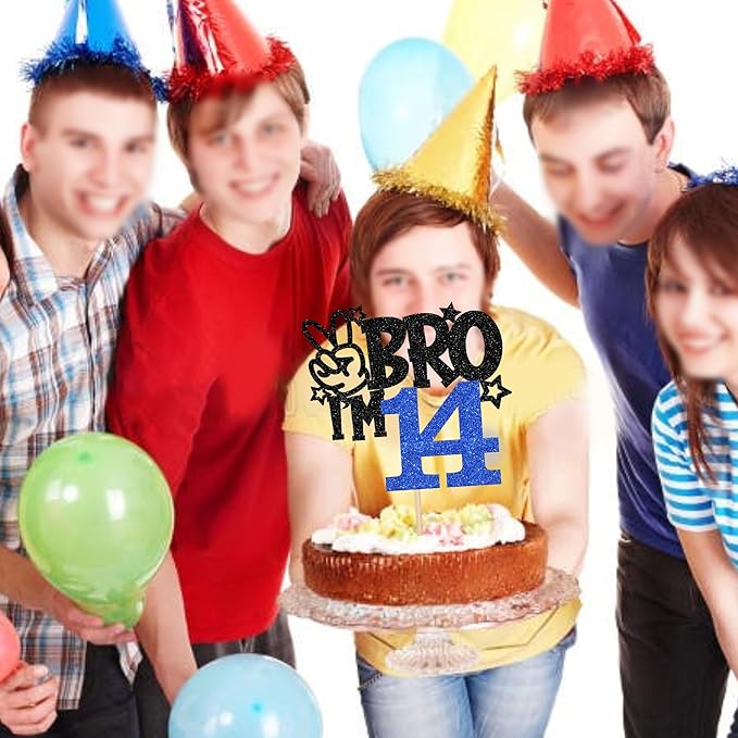 1 PCS Brother I'm 14 Cake Topper Glitter Star Happy 14th Birthday Cake Pick Bro I'm 14 Cake Decoration It's My 14th Birthday Decorations for Boys Cheers to 14 Years Old Birthday Party Supplies Blue