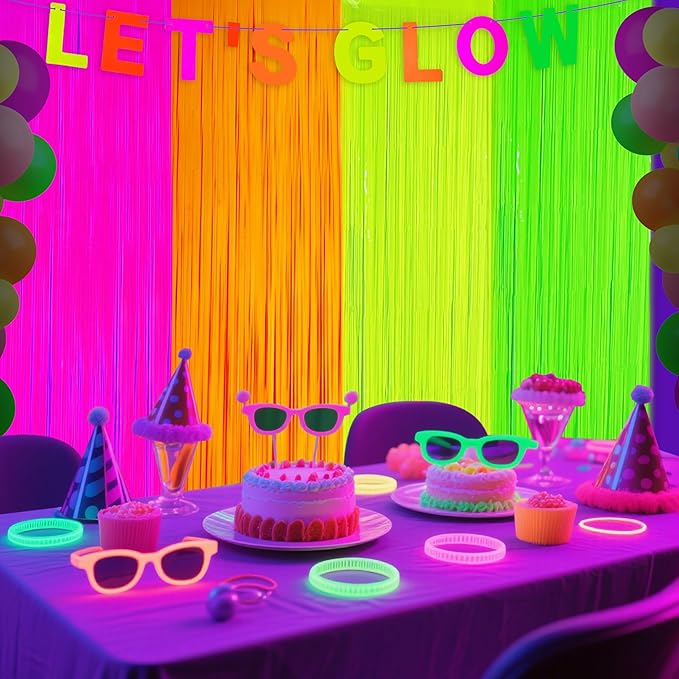 Glow in The Dark Tinsel Curtains 4 Pack - Neon Party Decorations 3.3x6.6ft UV Reactive Fluorescent Macaron Backdrop for Neon, Pride, Birthday Decor, Double Colors & Quantity, Pre-Taped, Waterproof