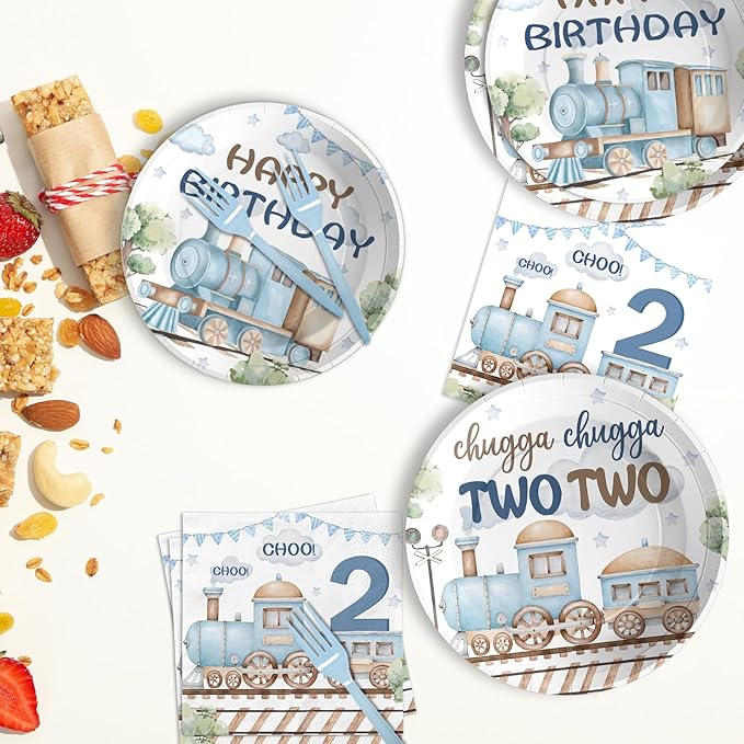 Grencian 96Pcs Chugga Chugga Two Two Birthday Party Decorations Watercolor Train 2nd Paper Plates Retro Blue Disposable Choo Choo I'm 2 Tableware Set for 2 Year Old Birthday Party Supplies, Serves 24