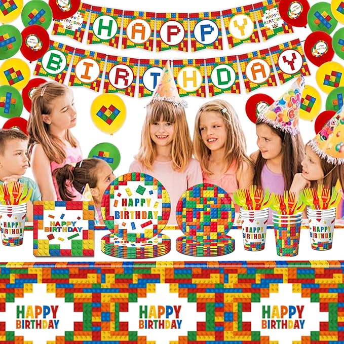 Building Block Party Plates Building Block Birthday Party Supplies Decorations Serve 25 including Disposable Paper Plates Napkins, Cups, Forks, Tablecloth, Happy Birthday Banner, and Balloons