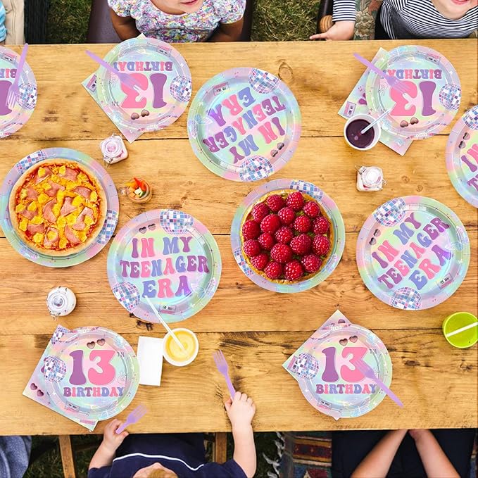 96Pcs In My 13th Birthday Era Party Decorations Era's 13 Birthday Plates and Napkins Set Music Iridescent Disco Decoration for Girls 13 Years Old Music Singer Friendship Bday Party Supplies Serves 24