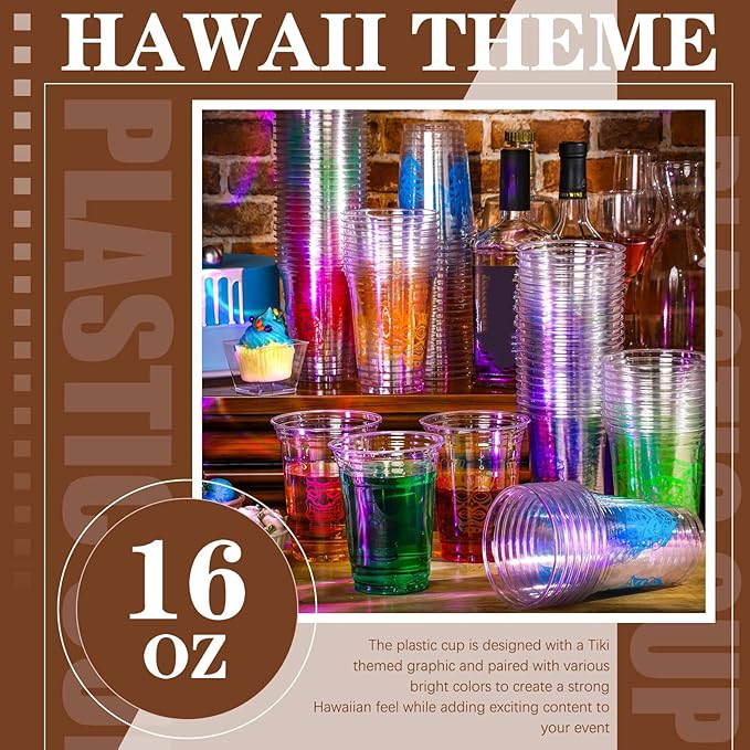Pinkunn100 Pcs Tiki Plastic Cups Bulk Clear Plastic Mug Cups 16OZ Themed Luau Mug Hawaiian Party Drinking Tumblers for Hawaiian Party Supplies(Tiki)