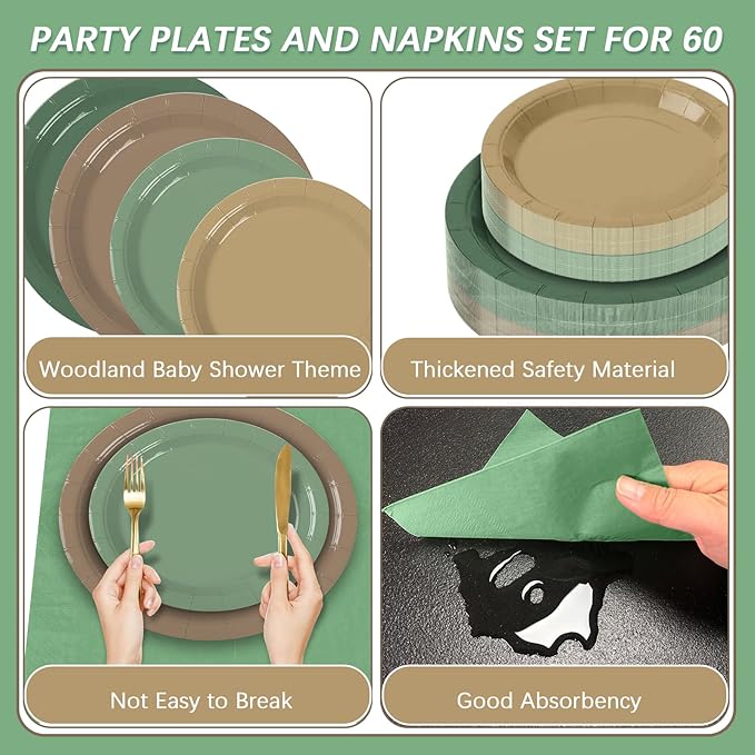 180Pcs Woodland Baby Shower Party Supplies Green and Brown Paper Plates and Napkins Serve 60 Disposable Tableware Set for Birthday Party Decorations Game Day Family Holiday Sports Events
