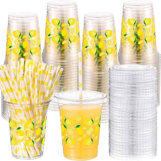 Yungyan 50 Sets 16 oz Lemon Plastic Cups Lemonade Cups with Lids and Straws Disposable Yellow Fruit Ice Coffee Juice Drinking Cup for Lemonade Stand Supplies Birthday Baby Shower Party Decoration