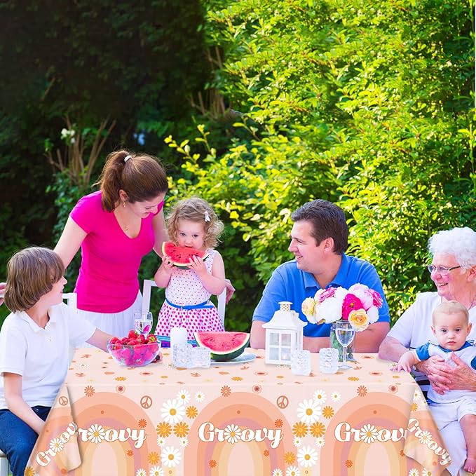 3 Groovy Hippie Boho Birthday Tablecloths for 60's Themed Decorations - Plastic Disposable Daisy Flower Party Table Covers for One Two Baby Shower & Birthday Party Supplies Favors