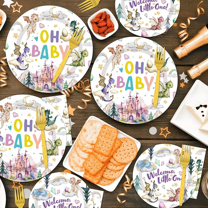 Dragon Birthday Party Supplies Tableware - 96 Pcs Watercolor Dragon Plates and Napkins, Magical Dragon Theme Dinnerware Set, Dragon Party Supplies Decorations for Baby Shower Serve 24 Guests