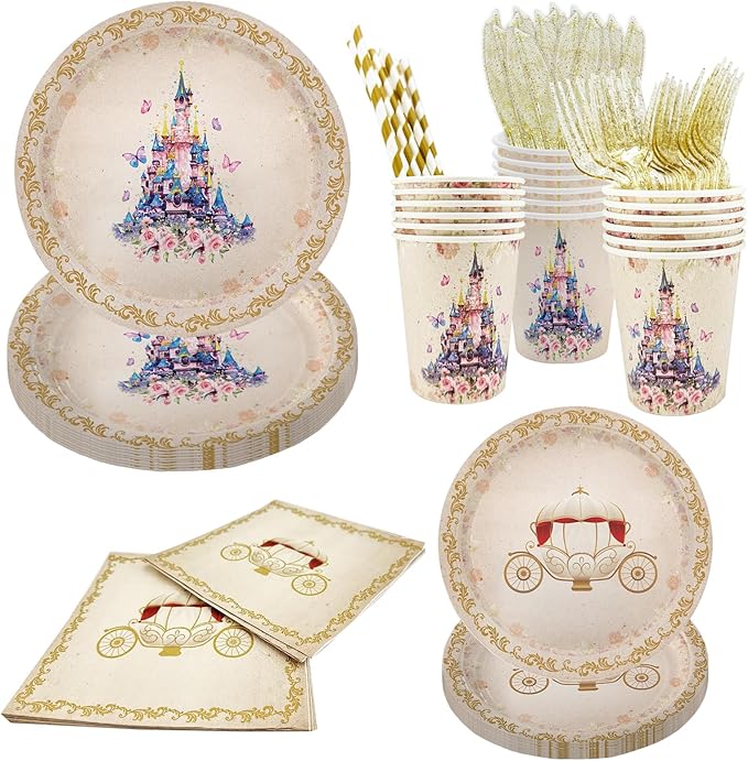 112 PCS Princess Party Plates Princess Birthday Decorations Once Upon a Time Castle Princess Party Tableware Set Purple Floral Napkins for Girl Baby Shower Party Decor Supplies Favors Serves 16