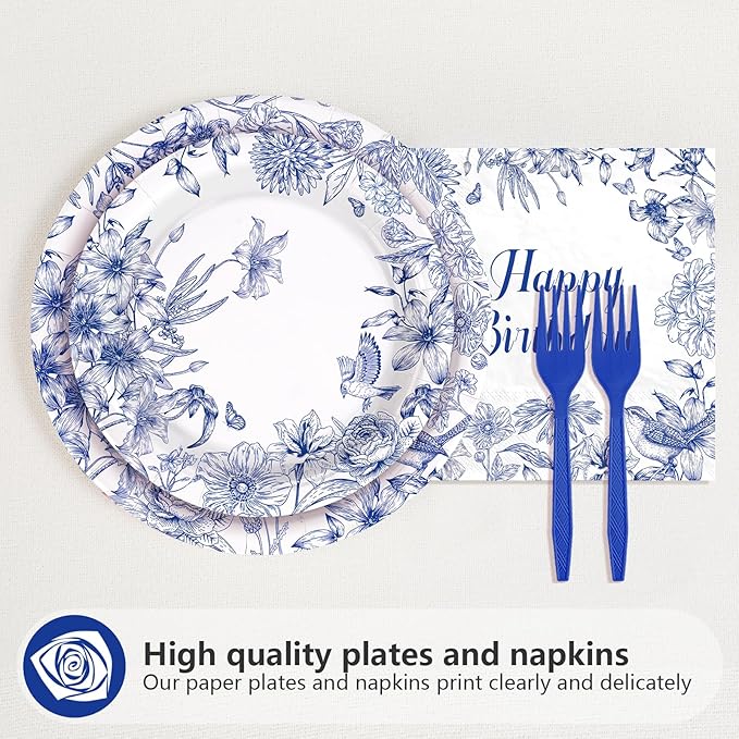 96 Pcs Blue and White Floral Party Supplies Chinoiserie Birthday Plates and Napkins Disposable Elegant Blue Floral Tableware Set for Birthday Baby Shower Party Decorations, Serves 24