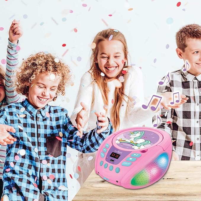Lexibook Unicorn - Bluetooth CD Player for Kids – Portable, Multicoloured Light Effects, Microphone Jack, Aux-in Jack, AC or Battery-Operated, Girls, Boys, Pink, RCD109UNI