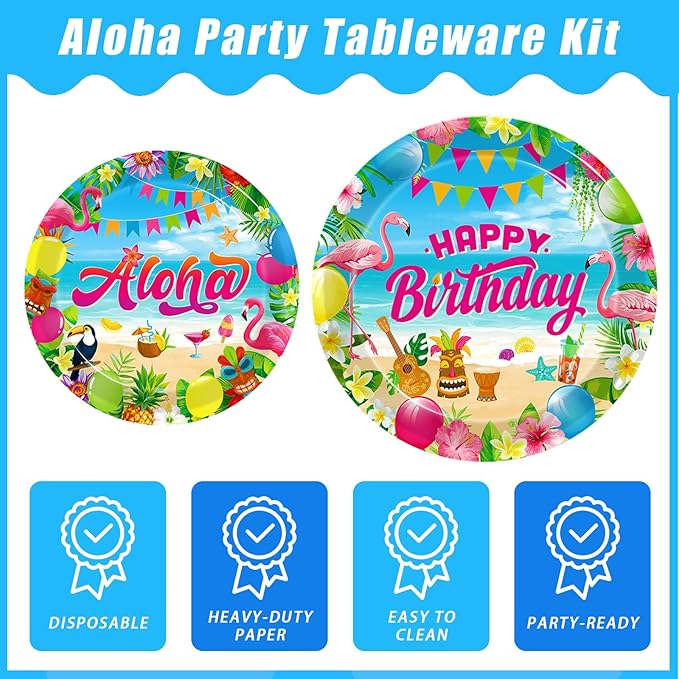 96 Pcs Hawaiian Aloha Party Decorations Supplies, Luau Tropical Birthday Party Plates Summer Beach Holiday Party Paper Plates Napkins Tableware Disposable Dinnerware Set , Serves 24