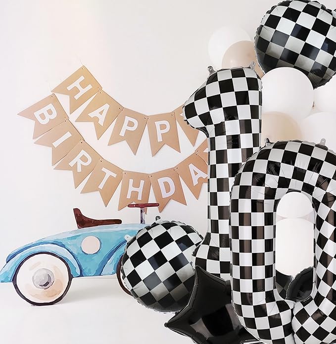 40 Inch Checkered Number Balloon 0 Black and White Race Car Birthday Balloons Baby Hippie Smile Party Shower Boys 10th Birthday Race Car Theme Party Decor Supplies 5 Pcs