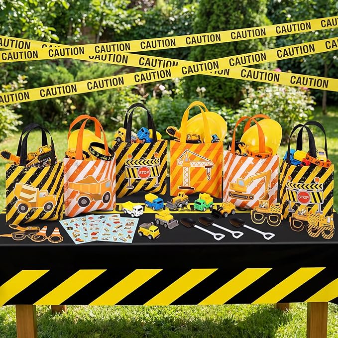 Sratte 148 Pcs Construction Birthday Party Supplies Include 12 Construction Hat, 24 Truck Toy, 24 Vehicle Sticker, 12 Silicone Bracelet, 12 Goodie Bag, 12 Paper Glasses, 50 Shovel, 1 Tablecloth 1 Tape