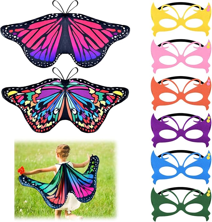 Coopay 9 Pieces Kids Butterfly Costume Fairy Butterfly Wings Masquerade Masks Halloween Girls Dress Up Pretend Play