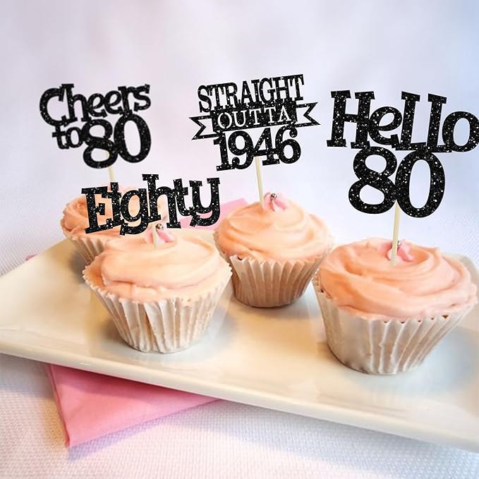 Ephlyn 24Pcs Happy 80th Birthday Cupcake Toppers Glitter Straight Outta 1946 Cupcake Picks Hello 80 Cheers to 80 Years Birthday Cake Decorations for 80th Birthday Anniversary Party Supplies Black