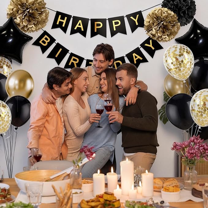 Birthday Decorations for Men Gold and Black Party Decor Supplies Boy Including Happy Birthday Banner Confetti Latex Balloon Foil Balloon and Ribbon