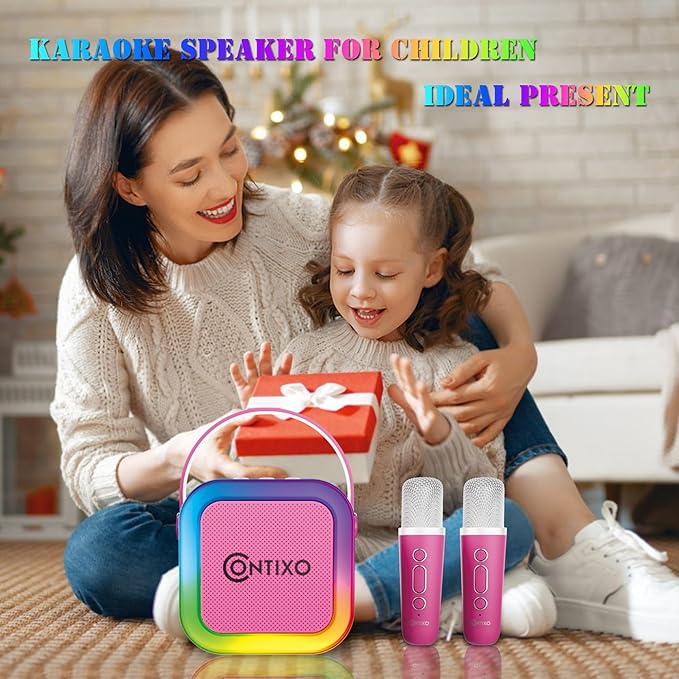 Contixo KS1 Mini Karaoke Machine for Kids, Portable Bluetooth Speaker with 2 Wireless Microphones & Dynamic Lights for Boys & Girls, Home Party Entertainment Toy (Pink)