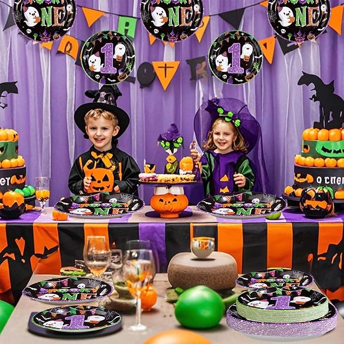 96Pcs Halloween 1st Birthday Party Supplies Spooky One Party Plates and Napkins Halloween Cartoon Ghost Black Purple Tableware Set for Boys or Girls First Birthday Decorations, Serves 24