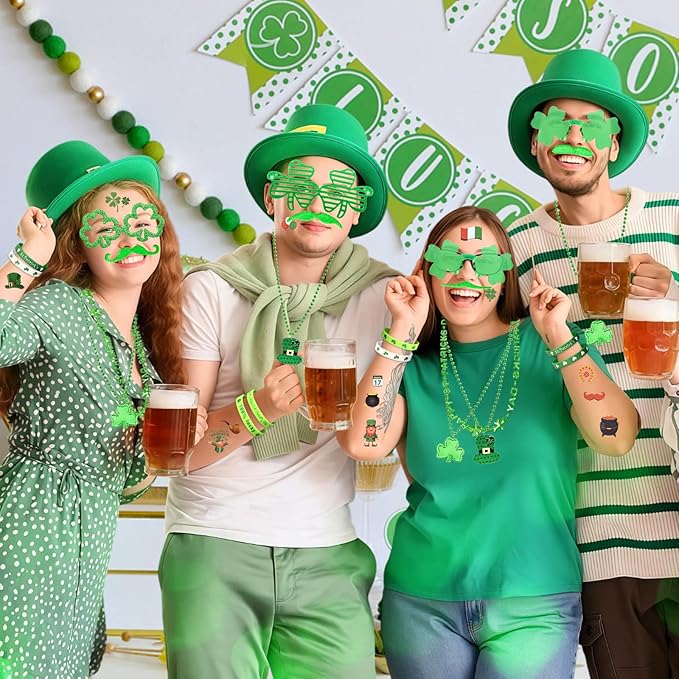 160PCS St. Patrick's Day Accessories Party Favor Set, Shamrock Party Supplies Set with Green Bead Necklaces, Clover Glasses, Mustache, Lucky Coins, Temporary Tattoos, Irish Festival Party Decorations