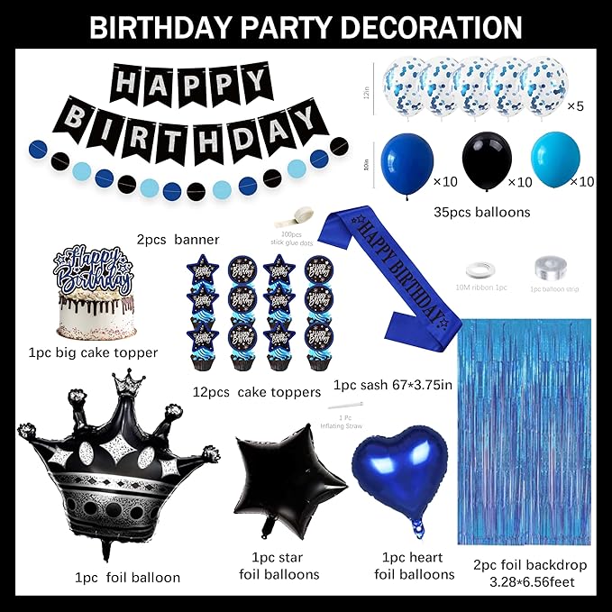Black And Blue Birthday Decorations for Men,Fringe Curtains Happy Birthday Banner,Red balloons,Cake Toppers for Boys